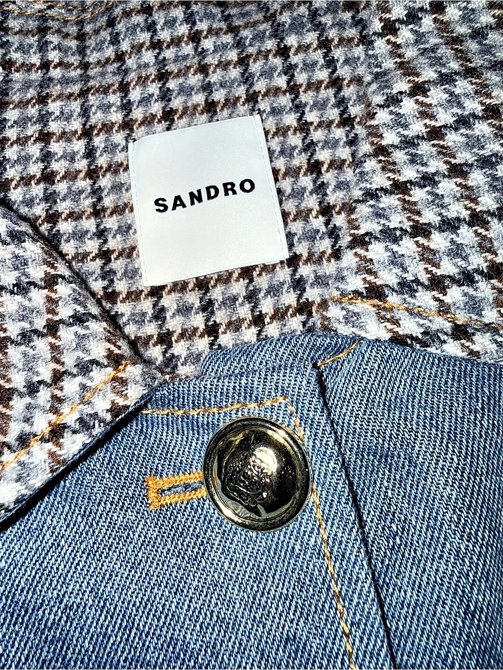 Sandro Elias Denim Jacket Houndstooth Blue & Brown Size 40 - Picture 4 of 6